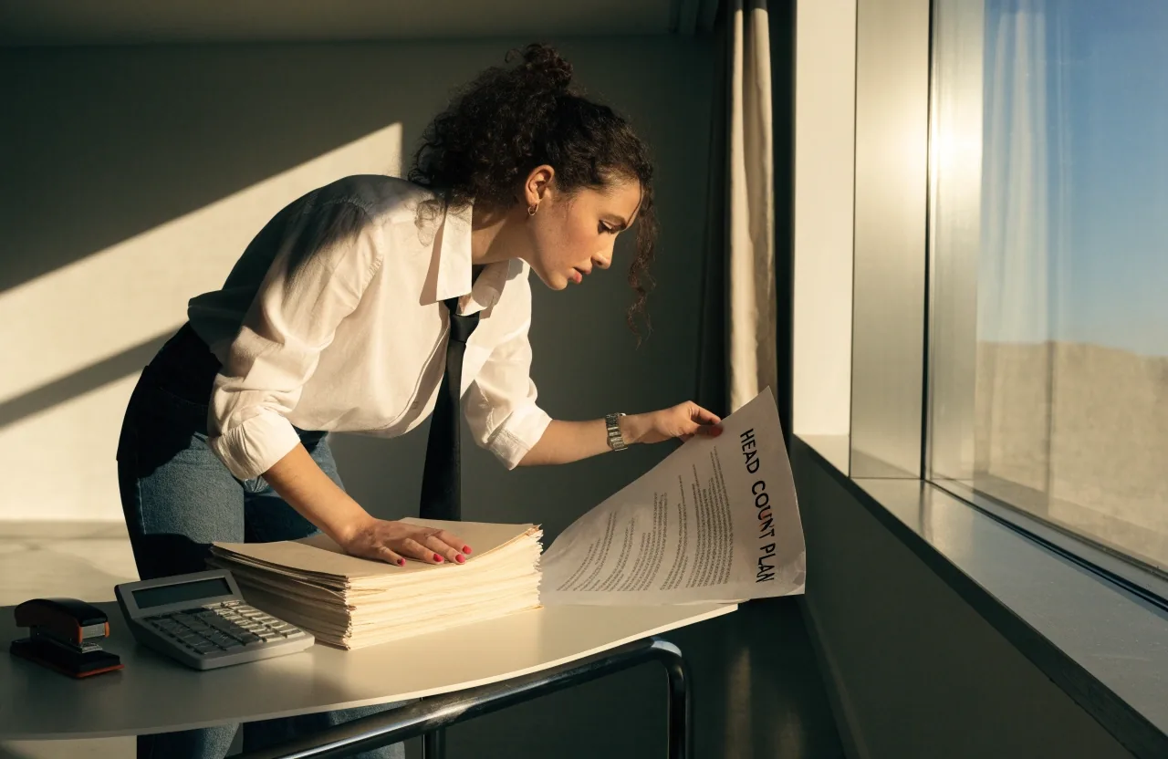 A calculator with a blank dark display, a stapler, and a lifted stack of manila folders on a pale desk edge in low morning sun