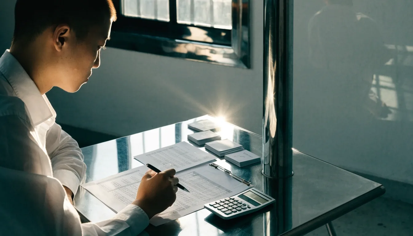 A pale desk in raking morning light with a keyboard, a blank legal pad and a coffee cup beside a monitor turned away from the camera