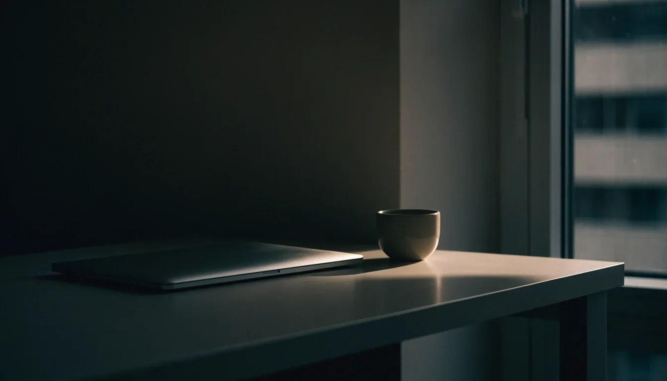 A dim desk corner with a closed laptop lid and a mug in a single pool of window light