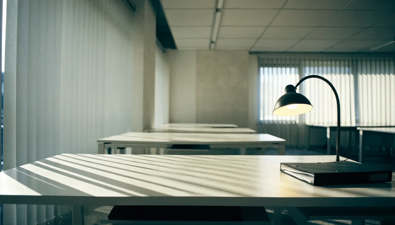 An empty office floor at 8am with blinds casting striped morning light across pale desks