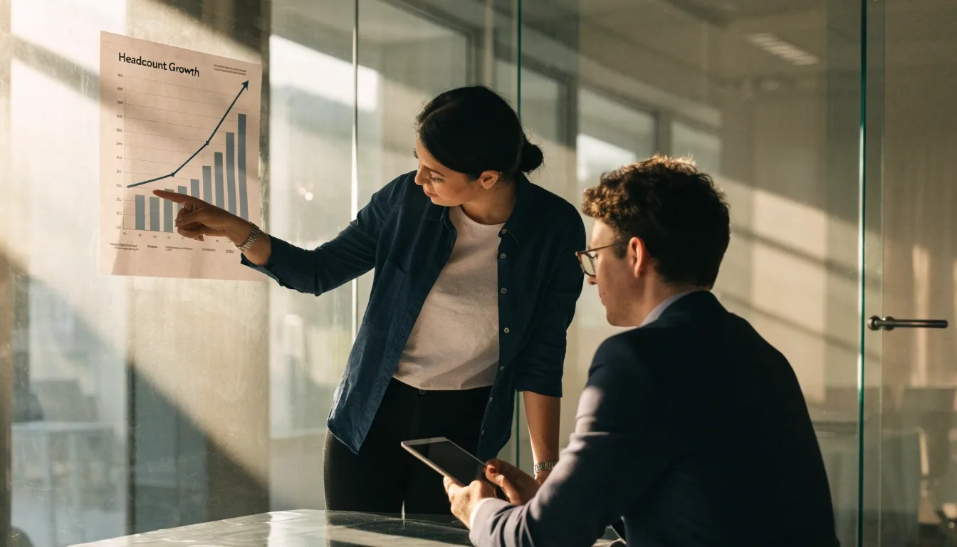 An analyst reviewing a headcount plan at a desk in raking morning light