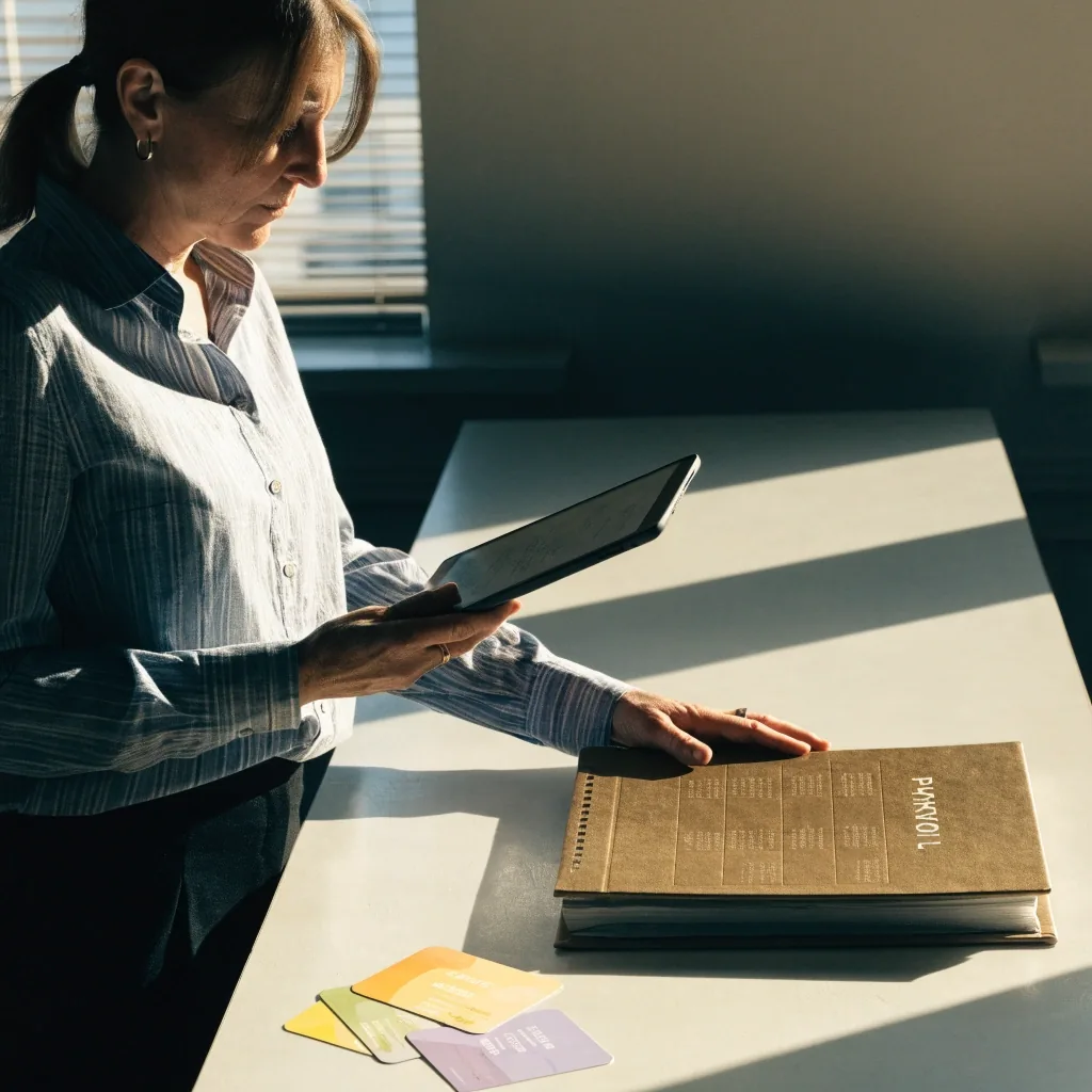 A payroll and benefits planning desk photographed in raking morning light, screen turned away so its contents are unreadable