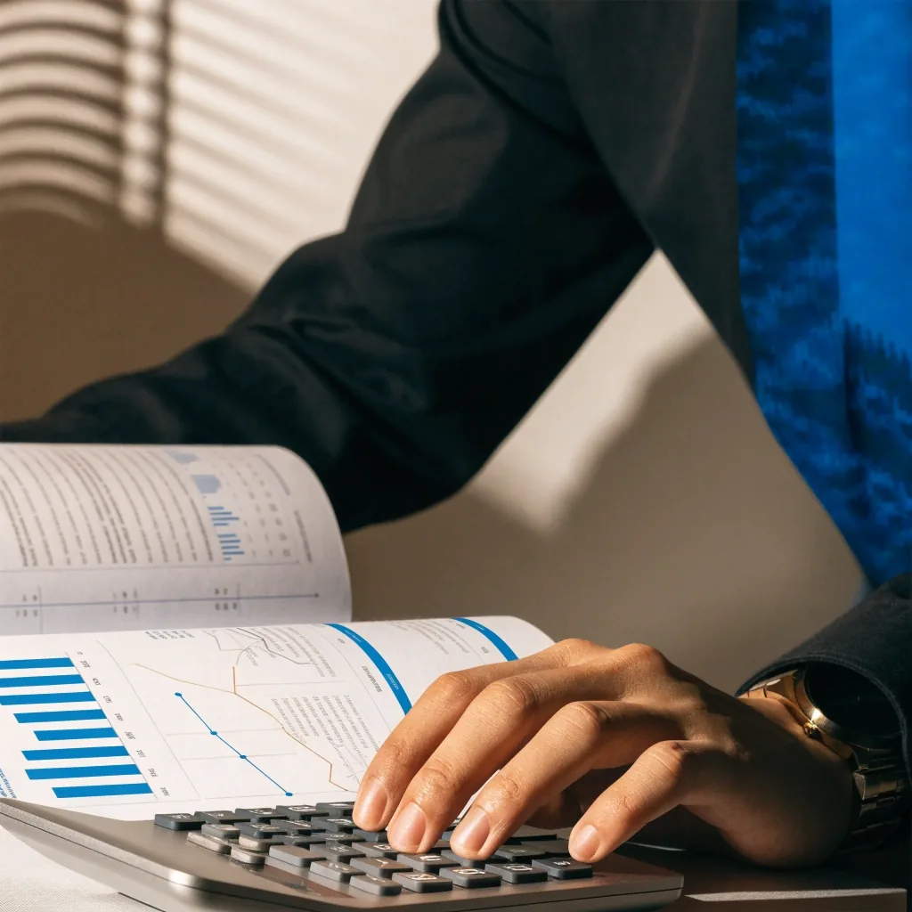 A workforce planning analyst comparing salary figures at a desk in morning light
