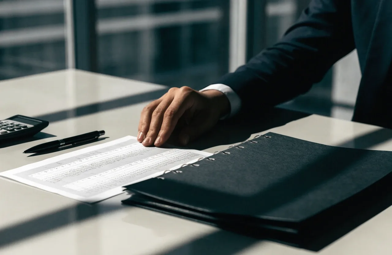 Two hands reviewing a closed folder and keyboard during a monthly budget close