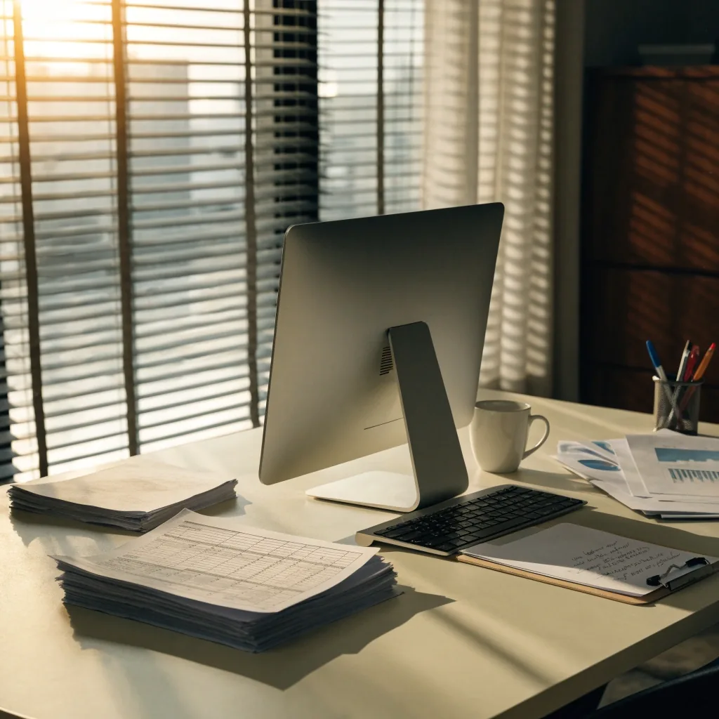 A payroll and finance workstation on a pale desk in early morning light, its screen turned away from view