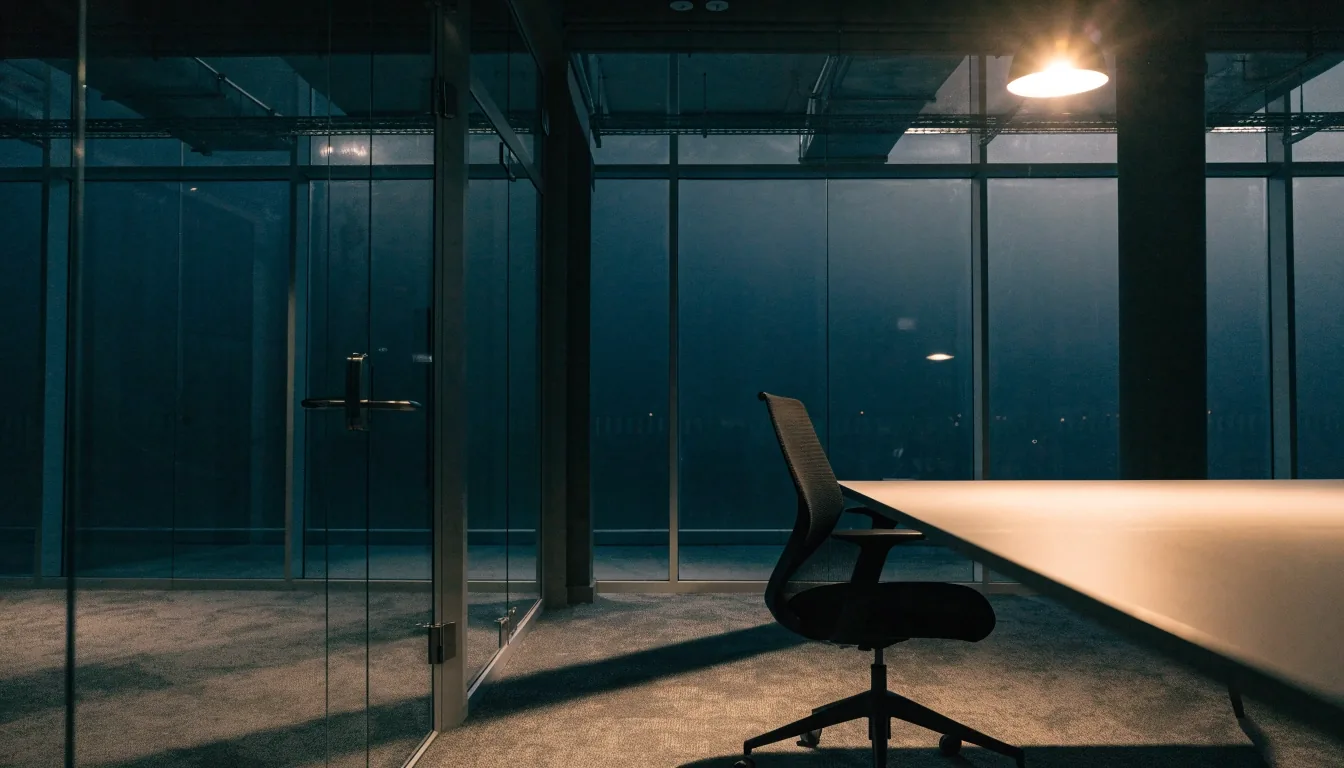 A corner of a finance office desk in shadow, with a sliver of window light along the edge