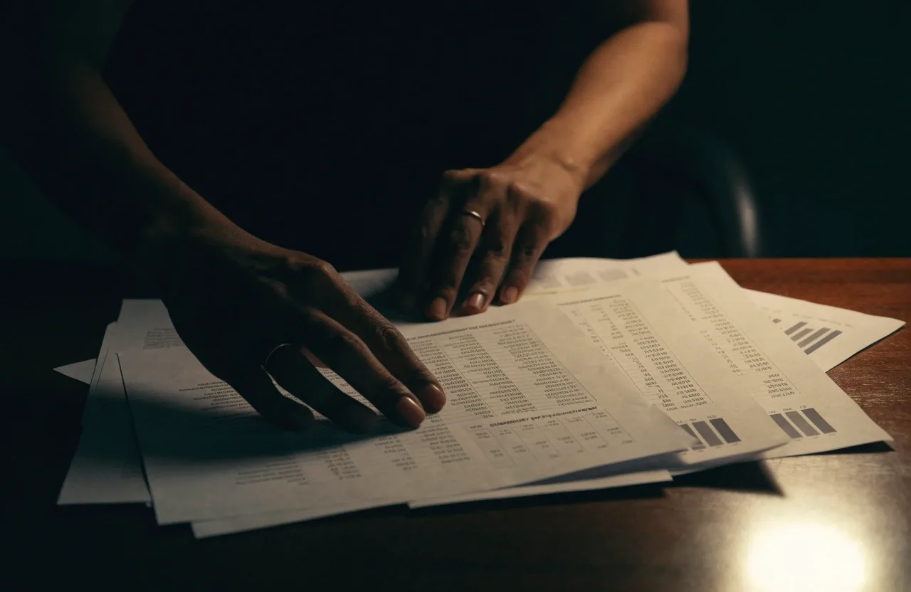 A dark corner of a desk in shadow with only a thin line of early light